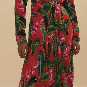 FARM Rio Red and Green Long Sleeve Dress